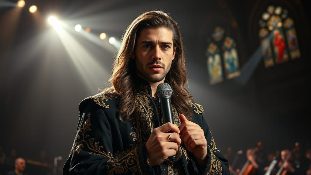 Passionate Spanish Singer on Stage in Baroque Style