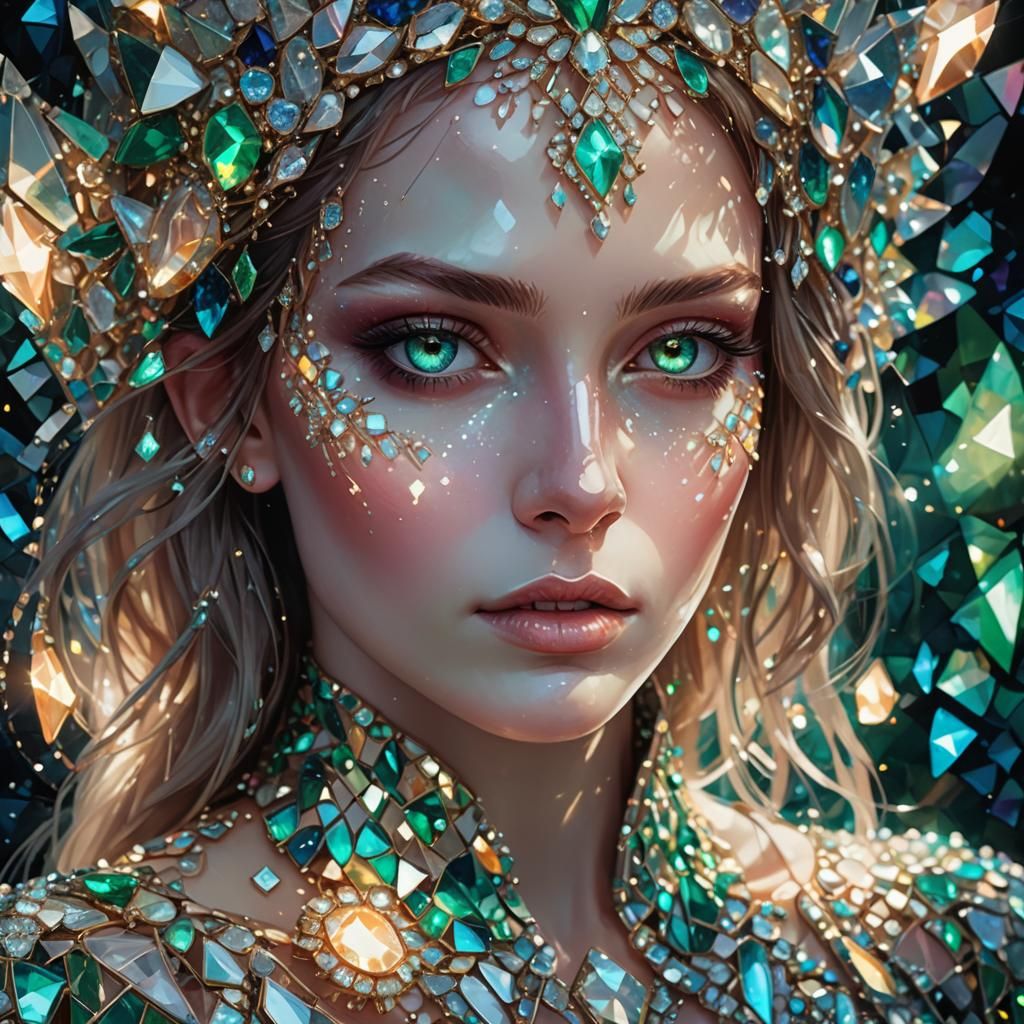 Gemstone Girl Portrait in Dark Surrealism Style