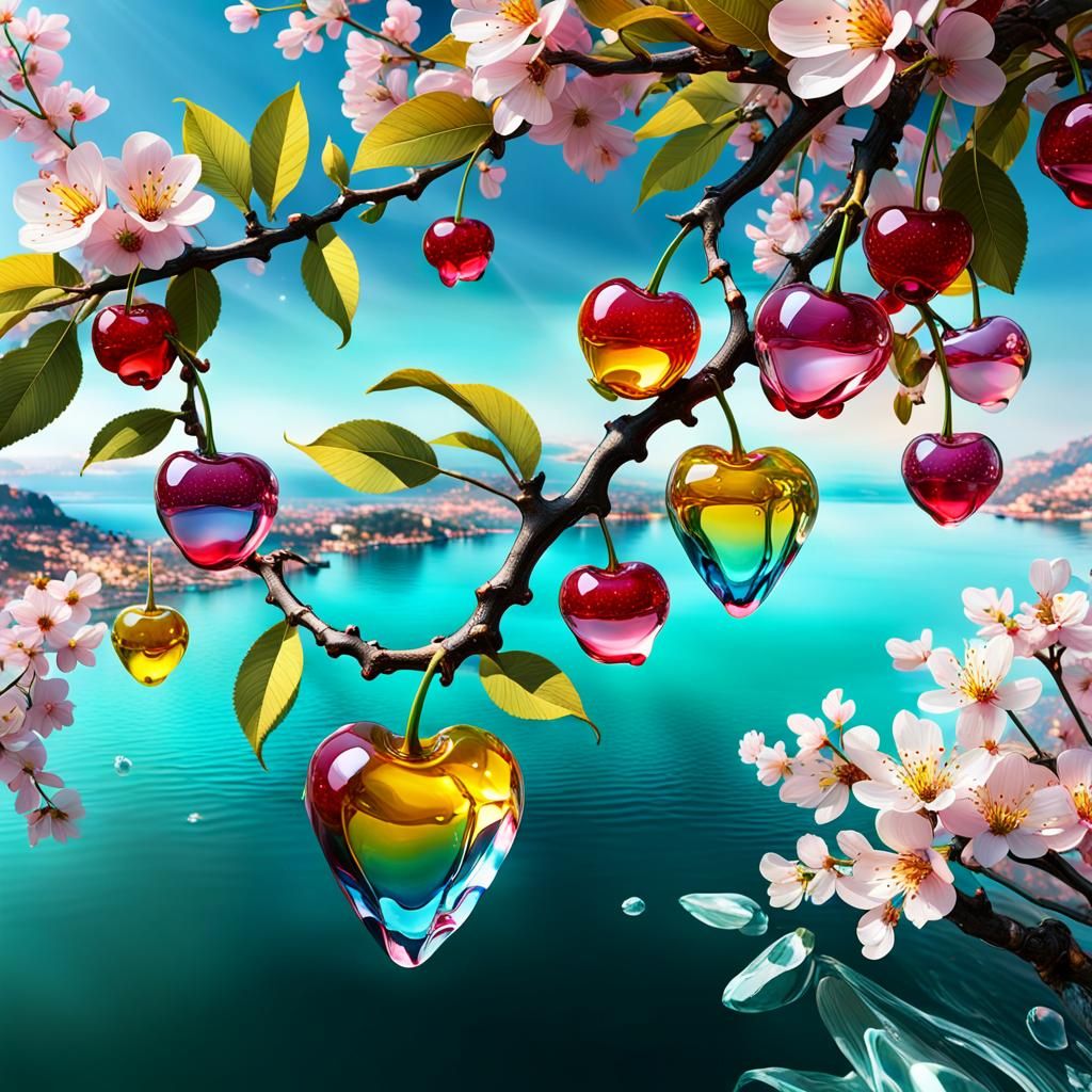 Mediterranean Seascape with Crystal Cherries: 3D Render