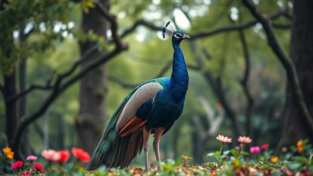 Majestic Peacock Display in Vibrant Park Landscape