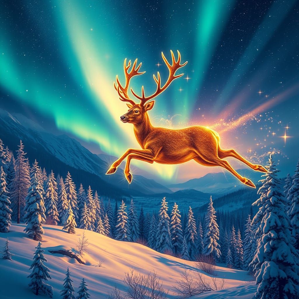 Starlight Deer Leaping Across Aurora Sky
