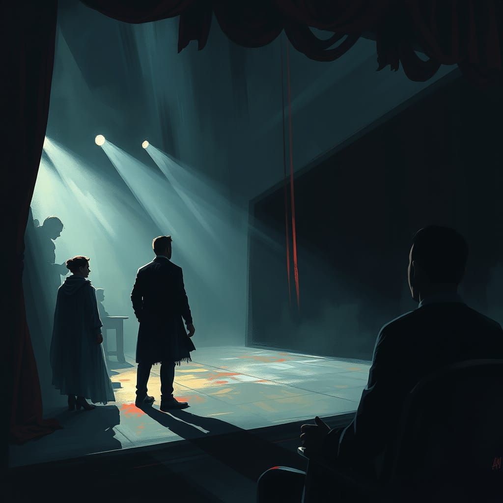 Shadowy Figure Watches Play Rehearsal in Dark Fantasy Style