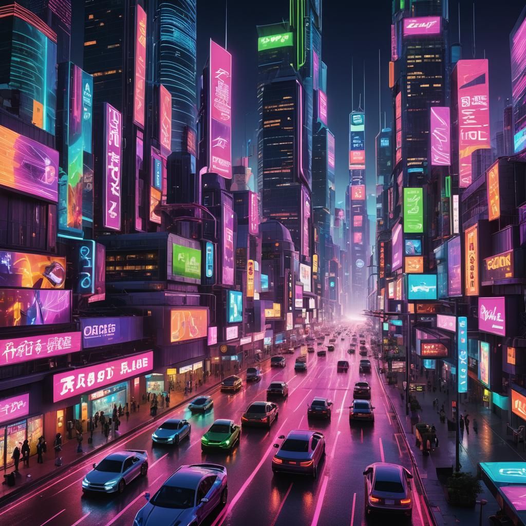 Futuristic Neon Cityscape with High-Tech Cars