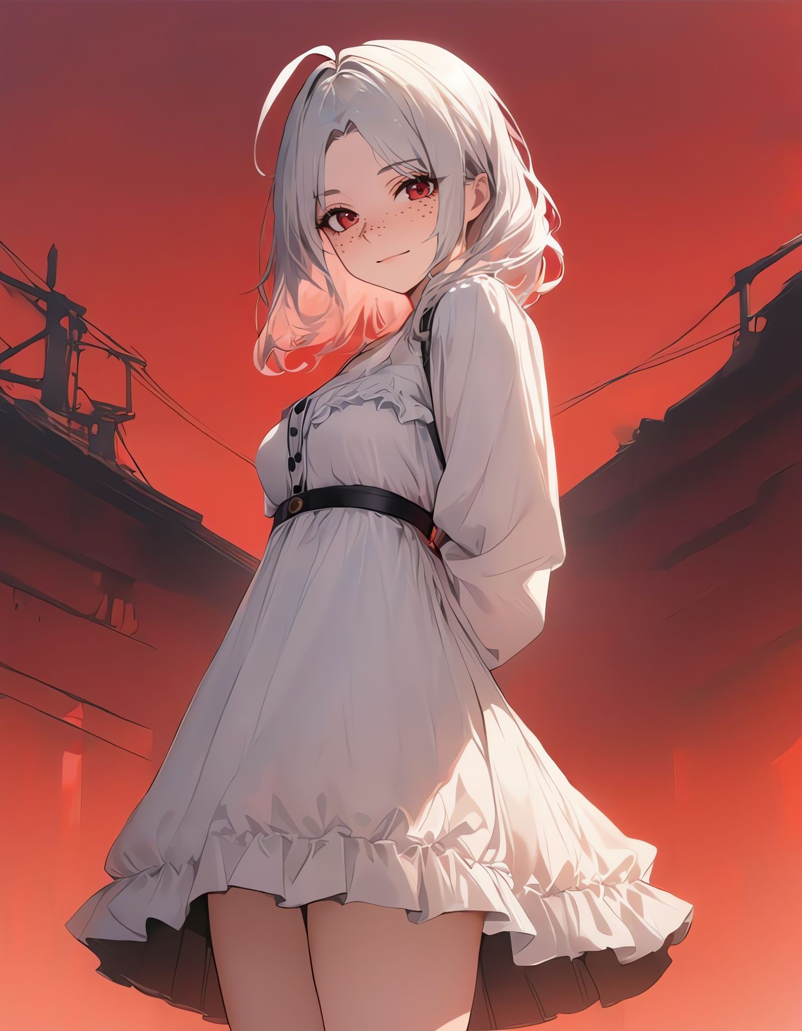 Girl with Red Eyes and White Dress in Red Sky