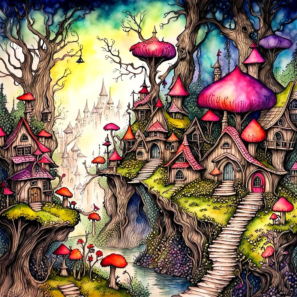 Fantasy fairy village, 
fantasy enchanted forest, fantasy en...