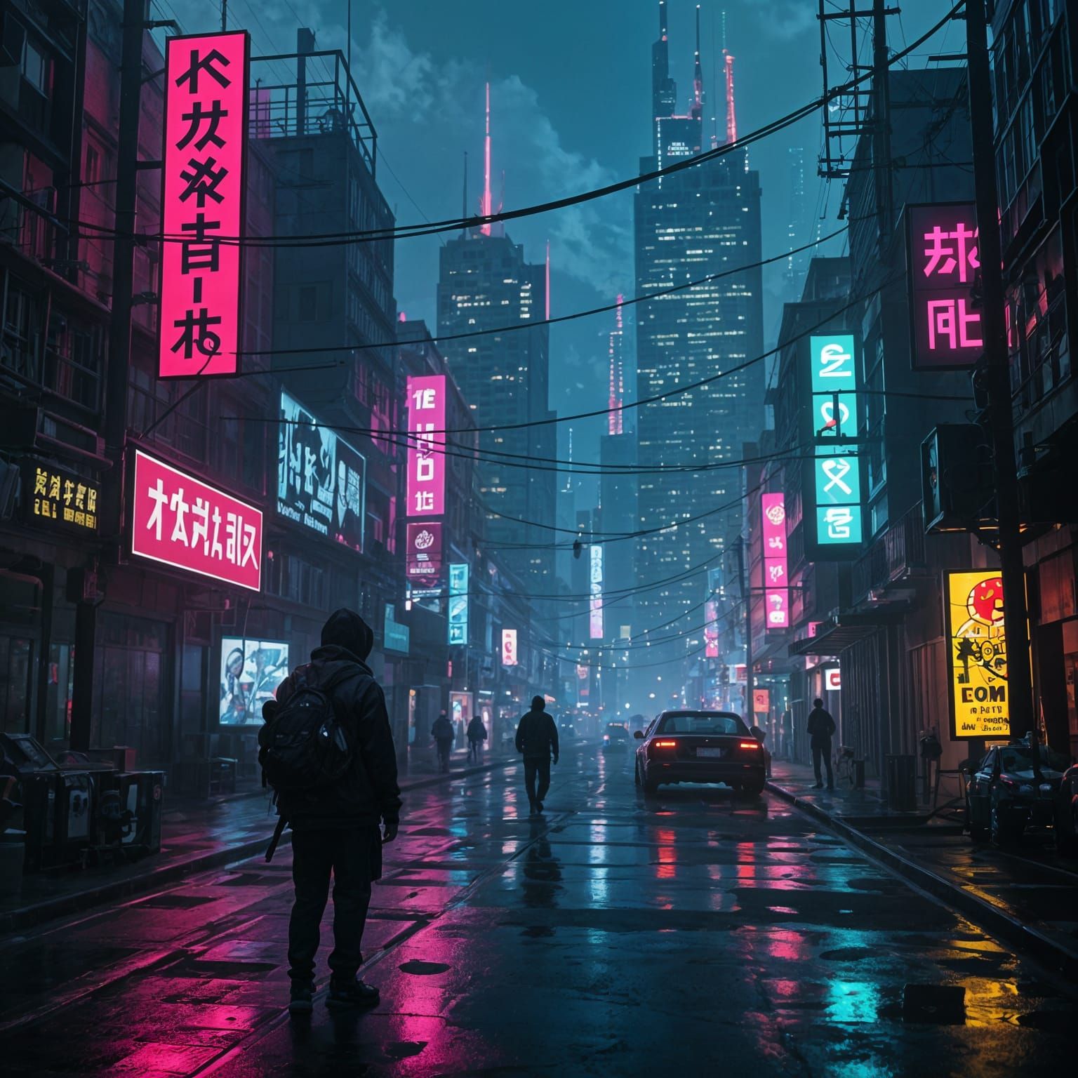 Dark Distorted Cyberpunk Scene with Neon Lights