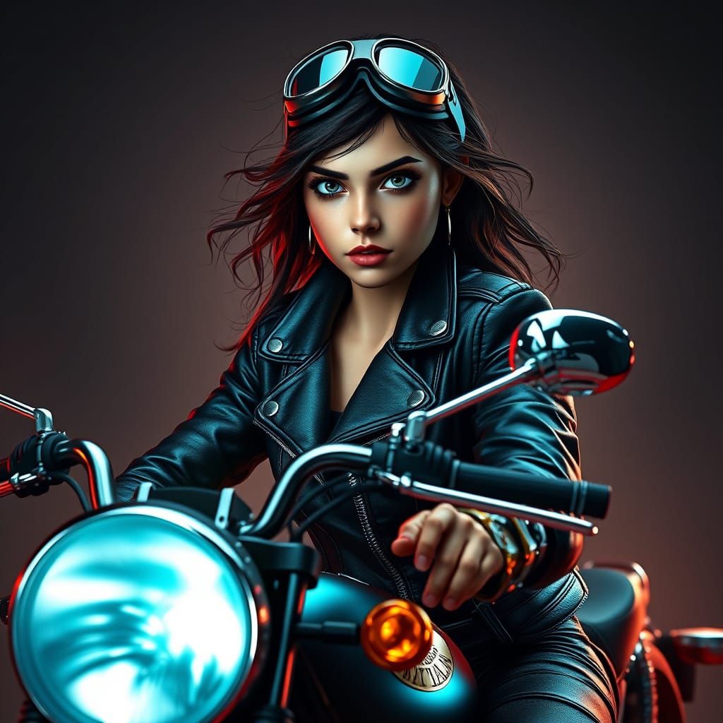 Woman on Jawa Motorcycle in Ornate Futuristic Style