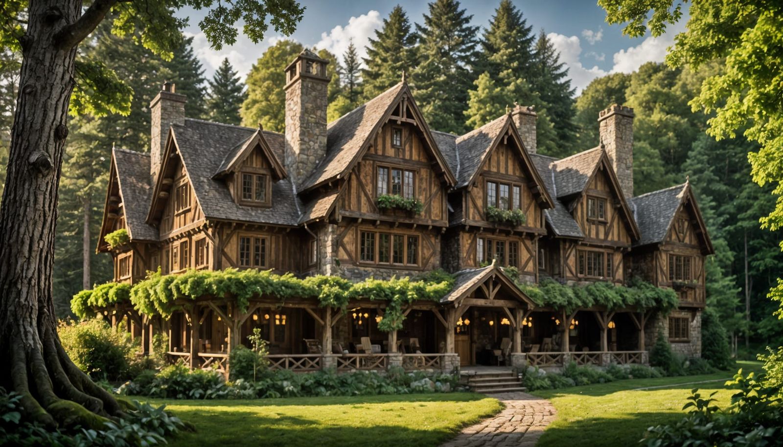Majestic Half-Timbered Lodge Amidst Pine Woods