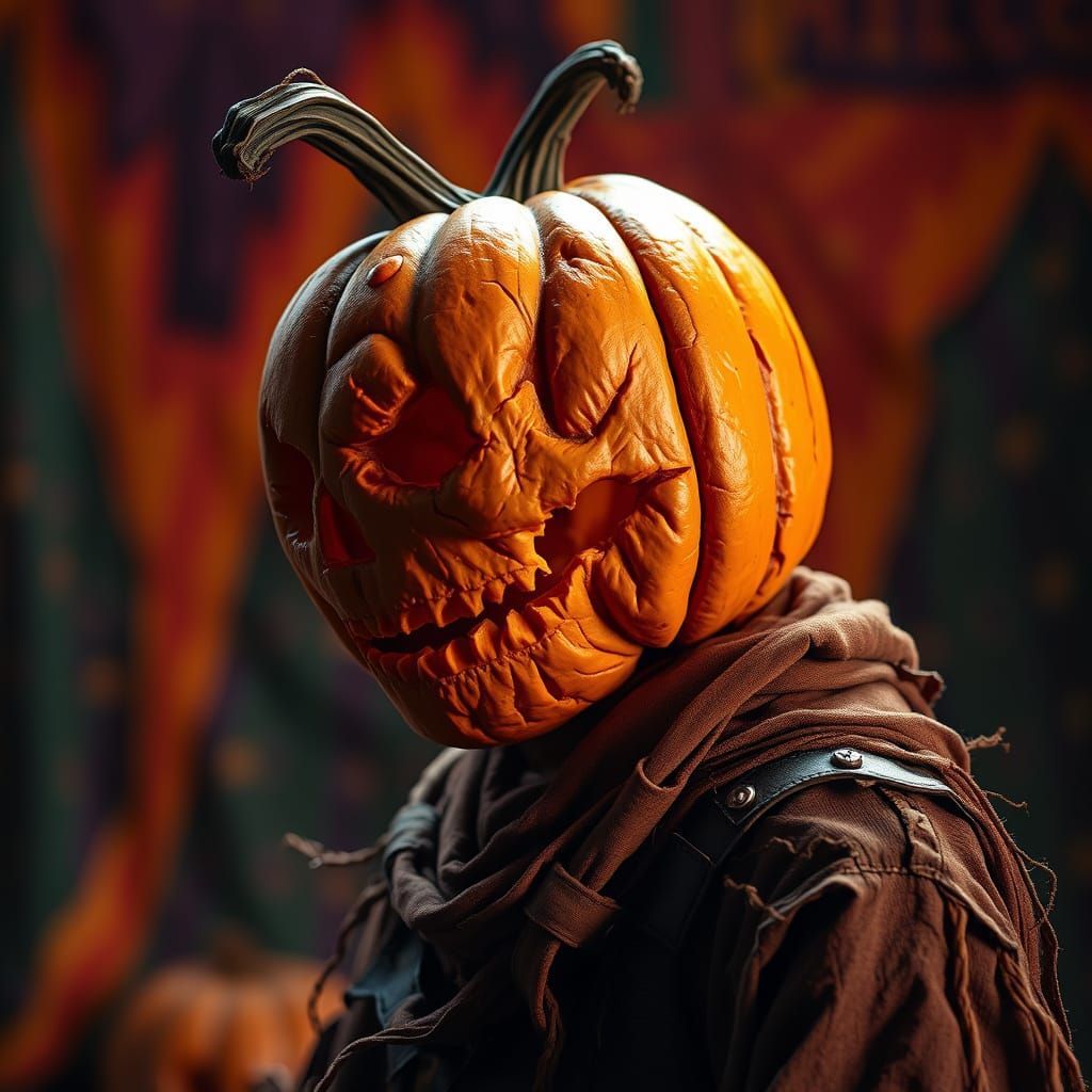 Intricately Carved Pumpkin-Headed Figure in Hyperrealism