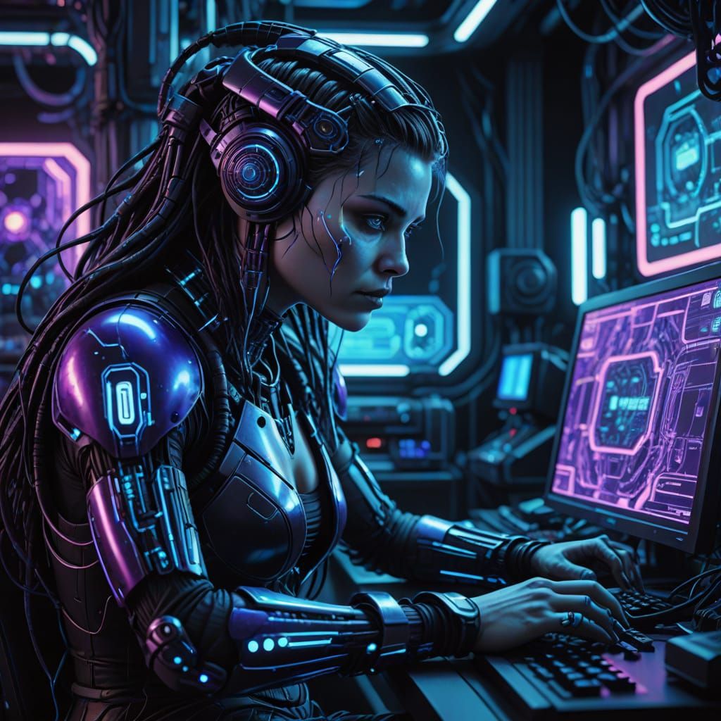 Cyberpunk Female Ogre Decker in Neon-Lit Laboratory