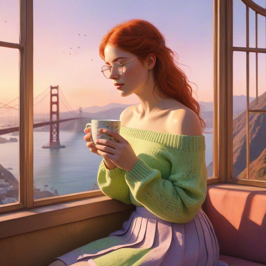 Cozy Whimsical Portrait of a Red Haired Woman in a Rainbow S...