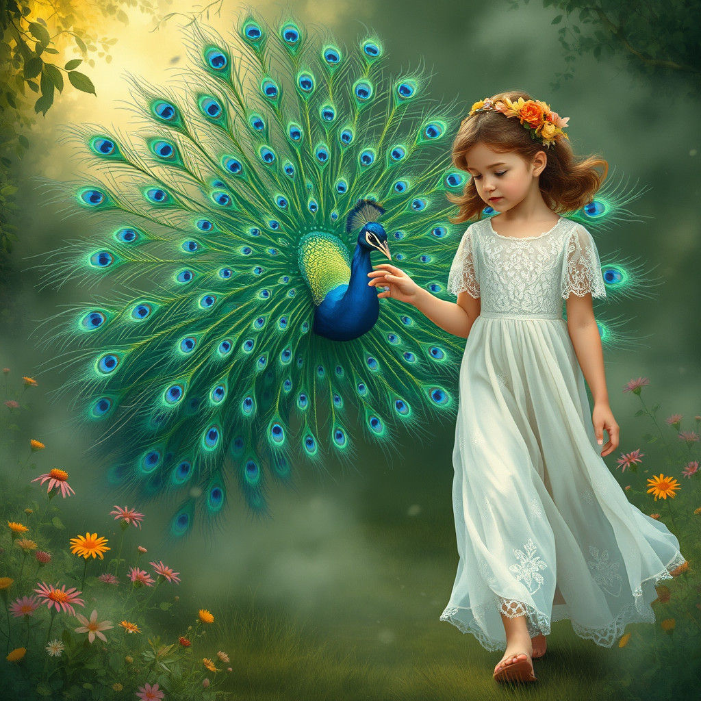 Girl and Peacock in Ethereal Misty Garden