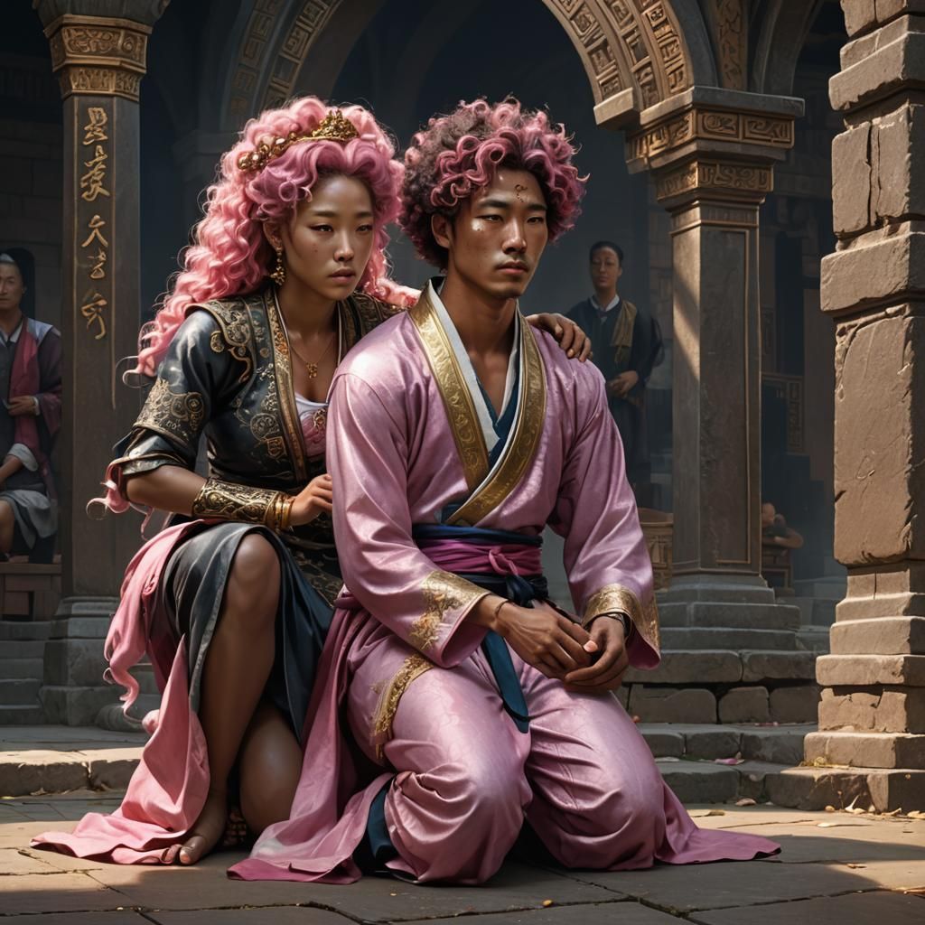 Fantasy Scene: Man Kneeling Before Stern Woman