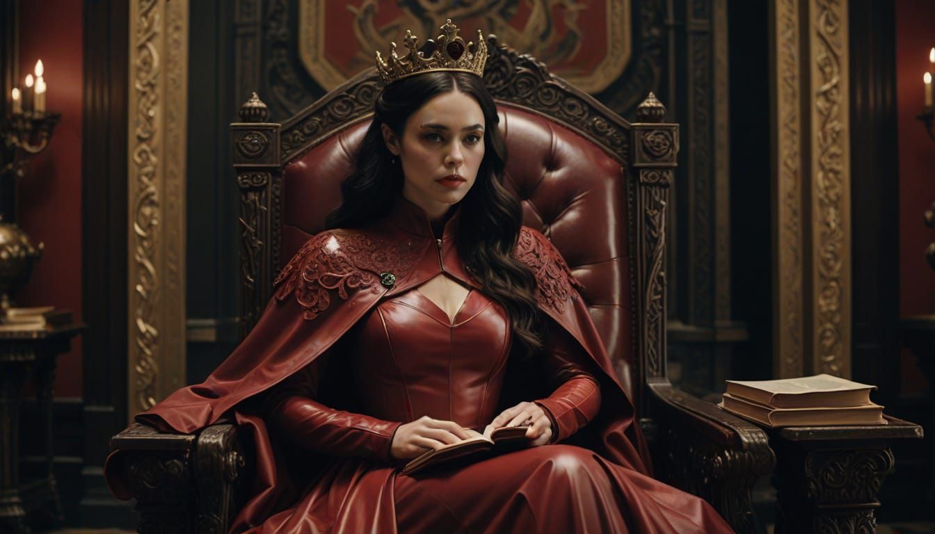 Regal Young Woman in Red Latex, Seated on Throne Reading