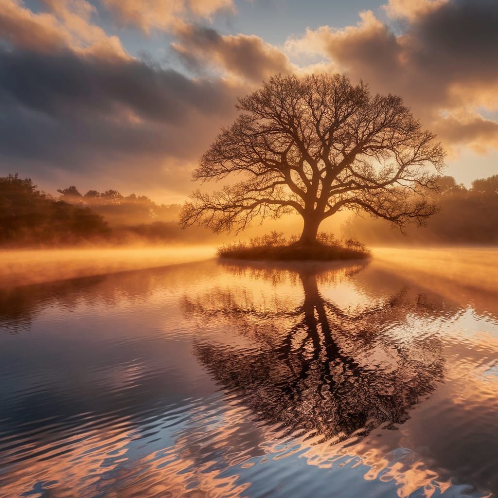 Golden Sunrise Over Lake With Solitary Oak Tree