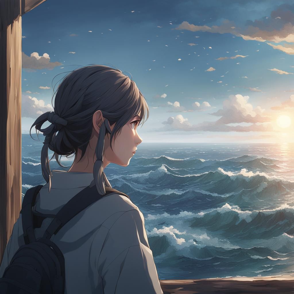 Contemplative Woman Gazing at Ocean in 3D Anime Art