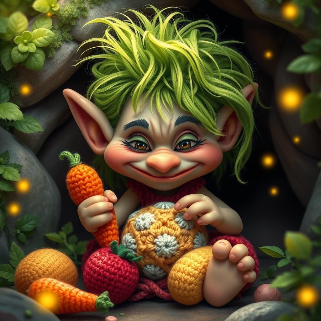Cute Troll Crocheting Food in Whimsical Style
