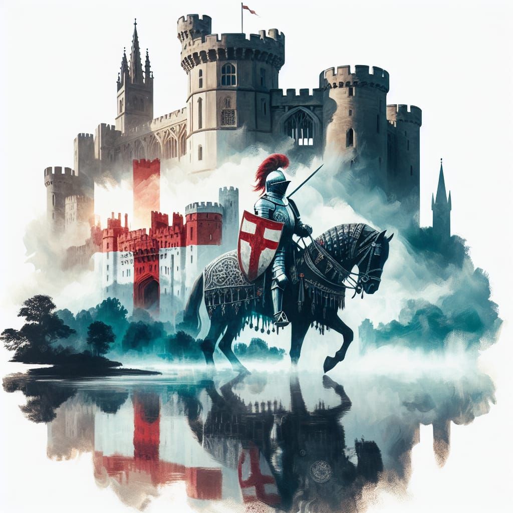 Warwick Castle Silhouette with Medieval Knight, Impasto Styl...