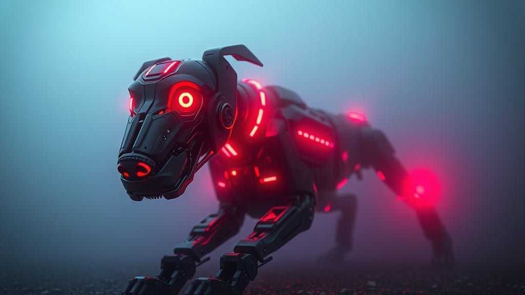 Cyberpunk Robot Plott Hound Emerges from Smoky Fog