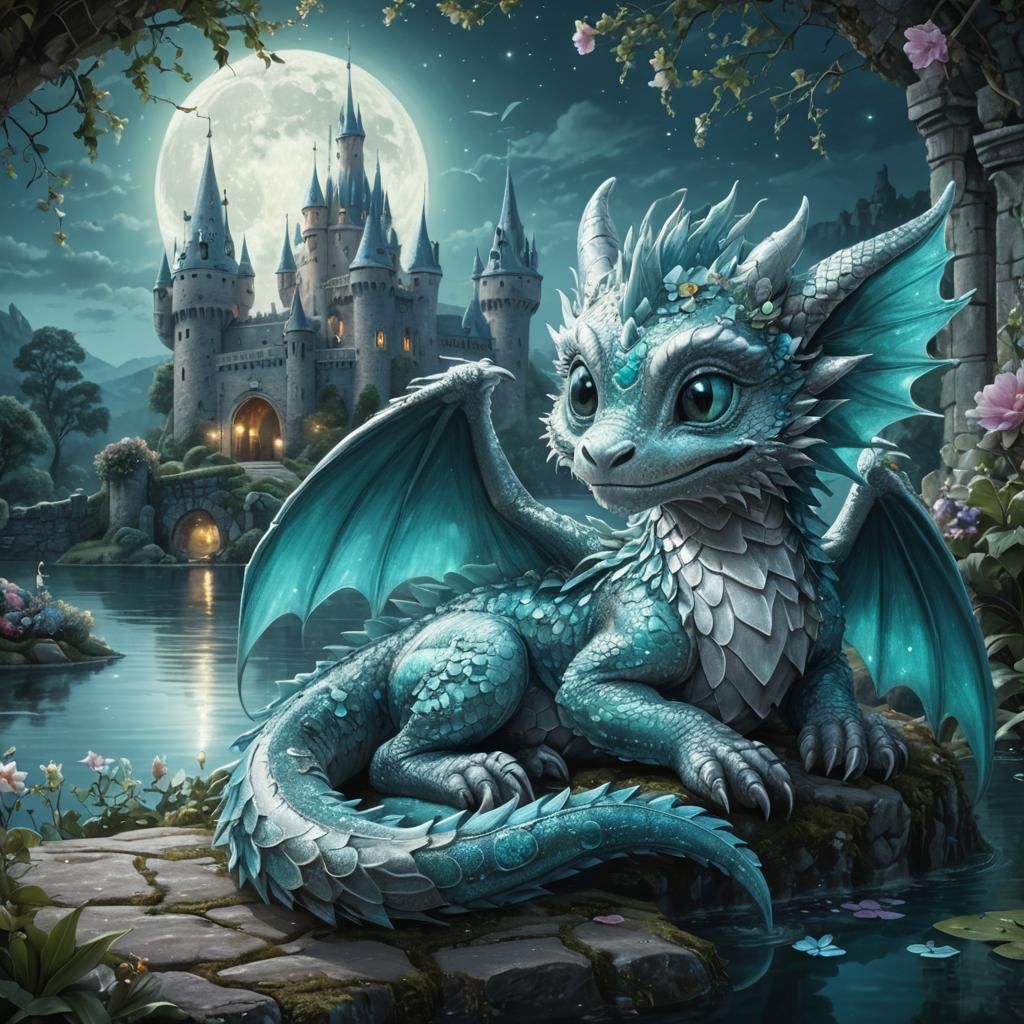 Turquoise Baby Dragon in Moonlit Castle Garden