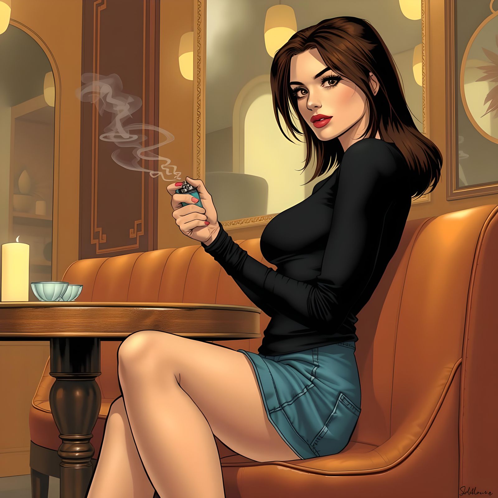 Brunette Woman Smoking in Restaurant Booth Cartoon