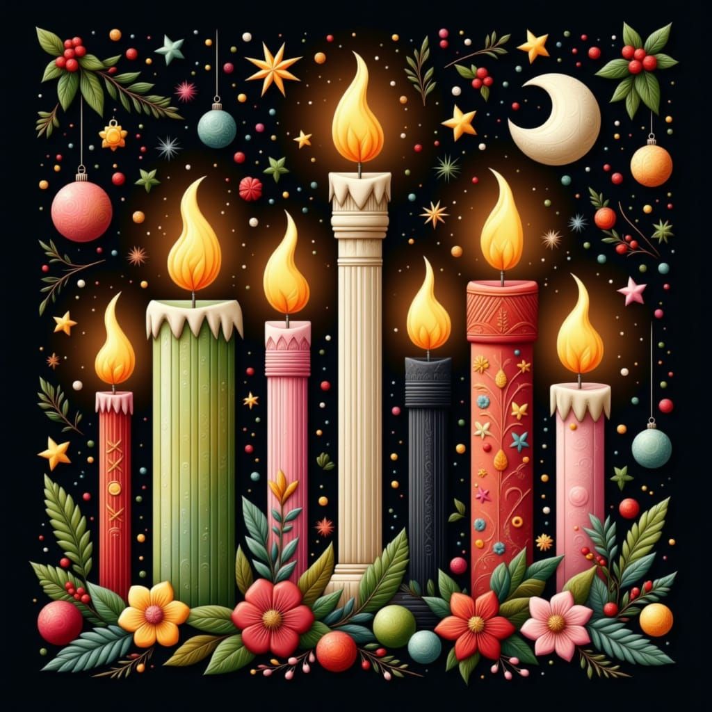 Christmas Candles Burning in Dark with Ornaments