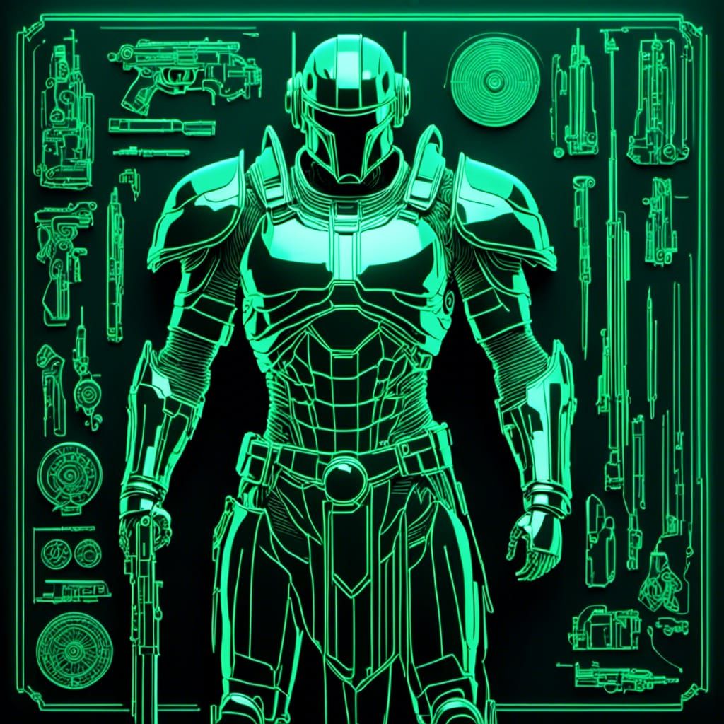 Emerald Cyborg Warrior Blueprint in Synthwave Style