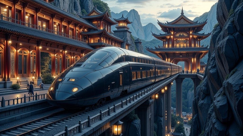 Futuristic Train in Ancient Chinese City