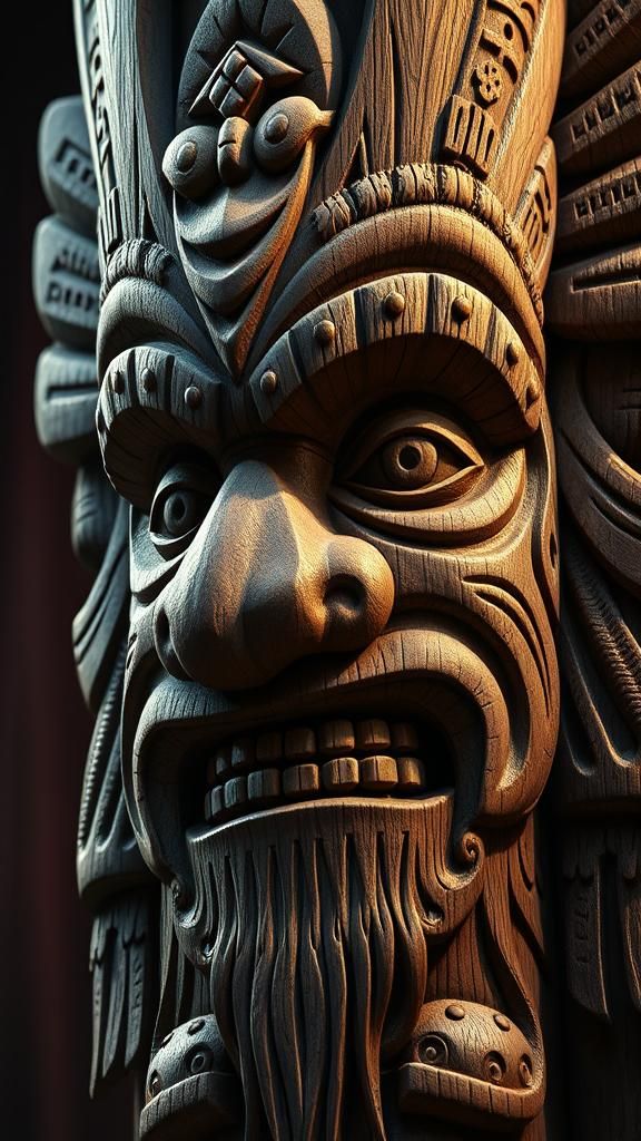 Detailed Wooden Totem Pole in Splash Art Style