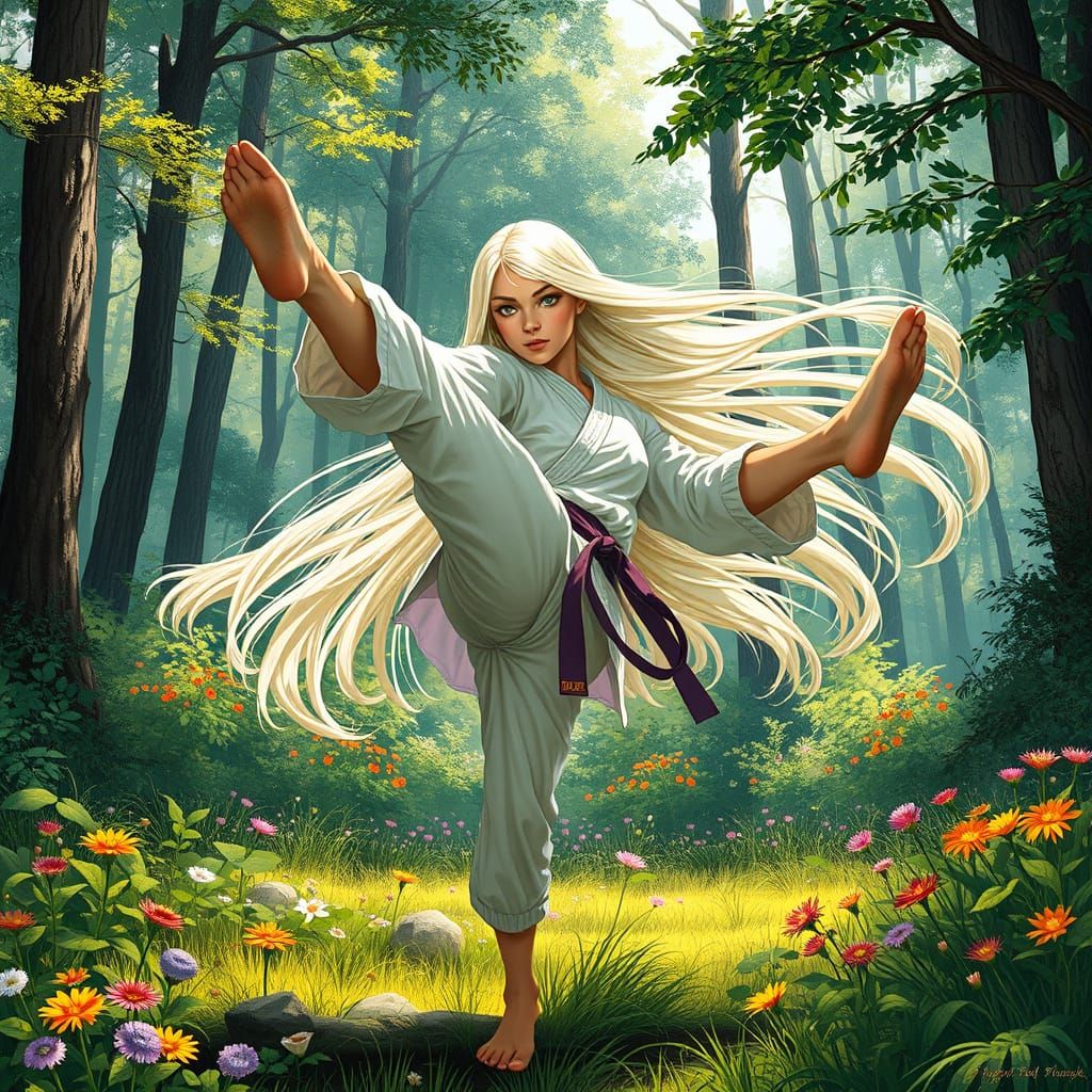 Karate Girl Kicking in Forest, Sci-Fi Romanticism