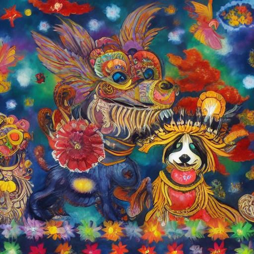 Poodles as Japanese Inugami in Alebrije Style