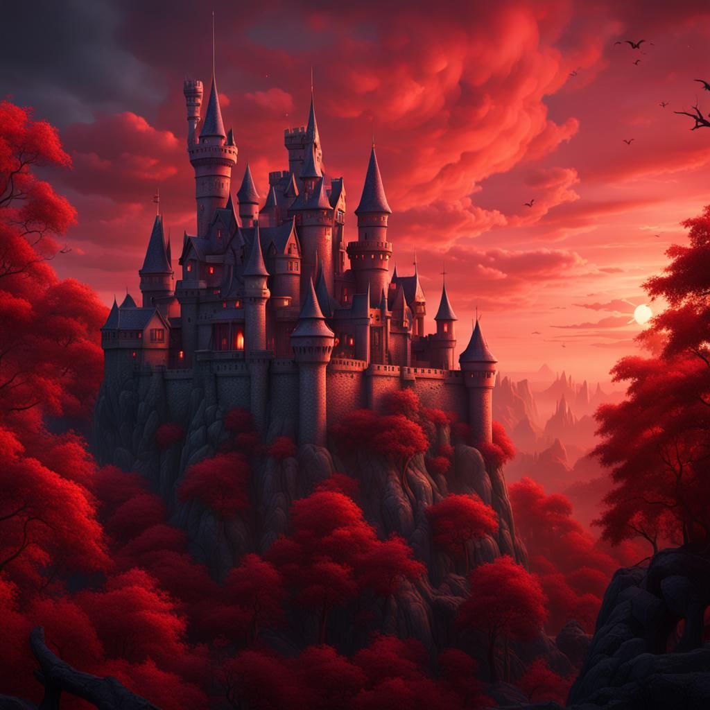 Fantasy Castle with Red Sky and Spooky Forest