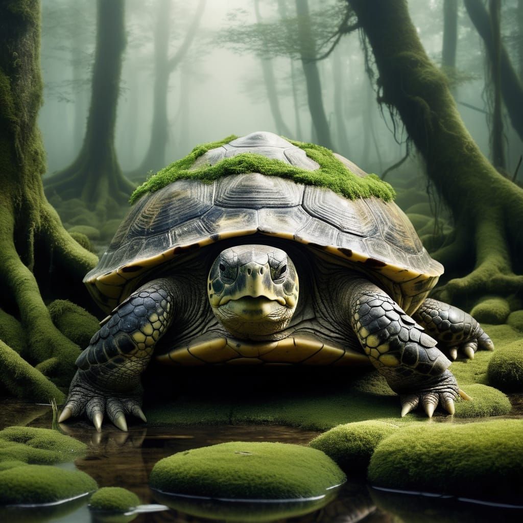 Ancient Turtle Emerges from Swamp Mist