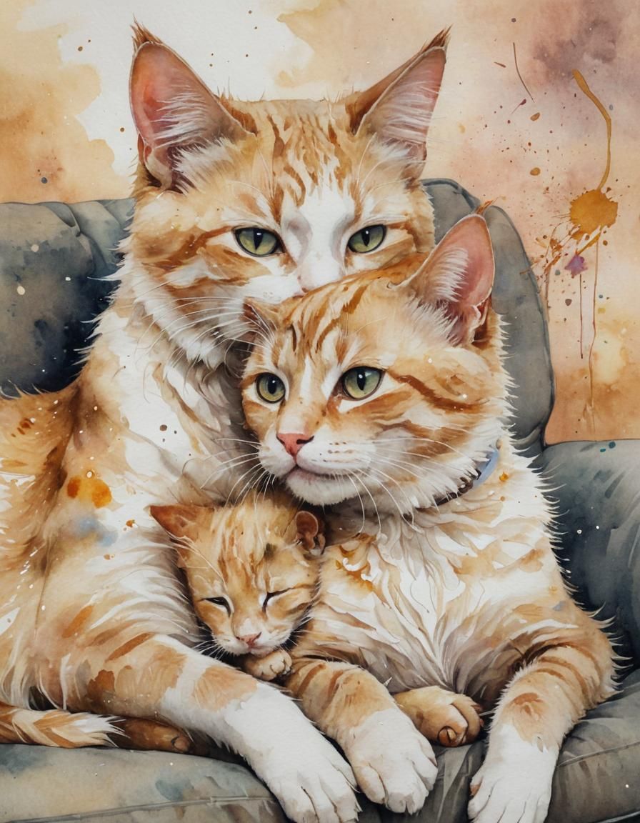 Whimsical Watercolor Portrait of Cat and Kitten