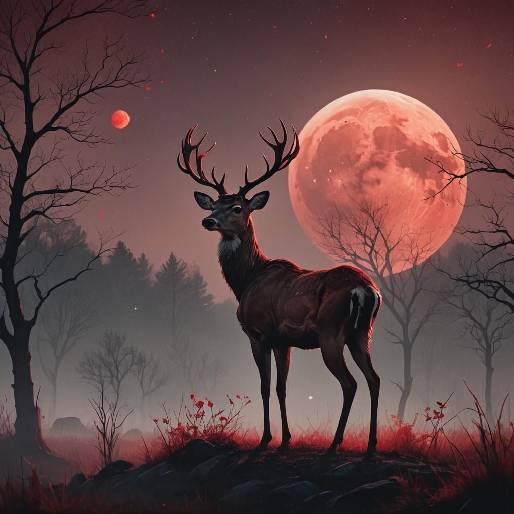 Mystical Deer Under Red Moon: Dreamlike Illustration