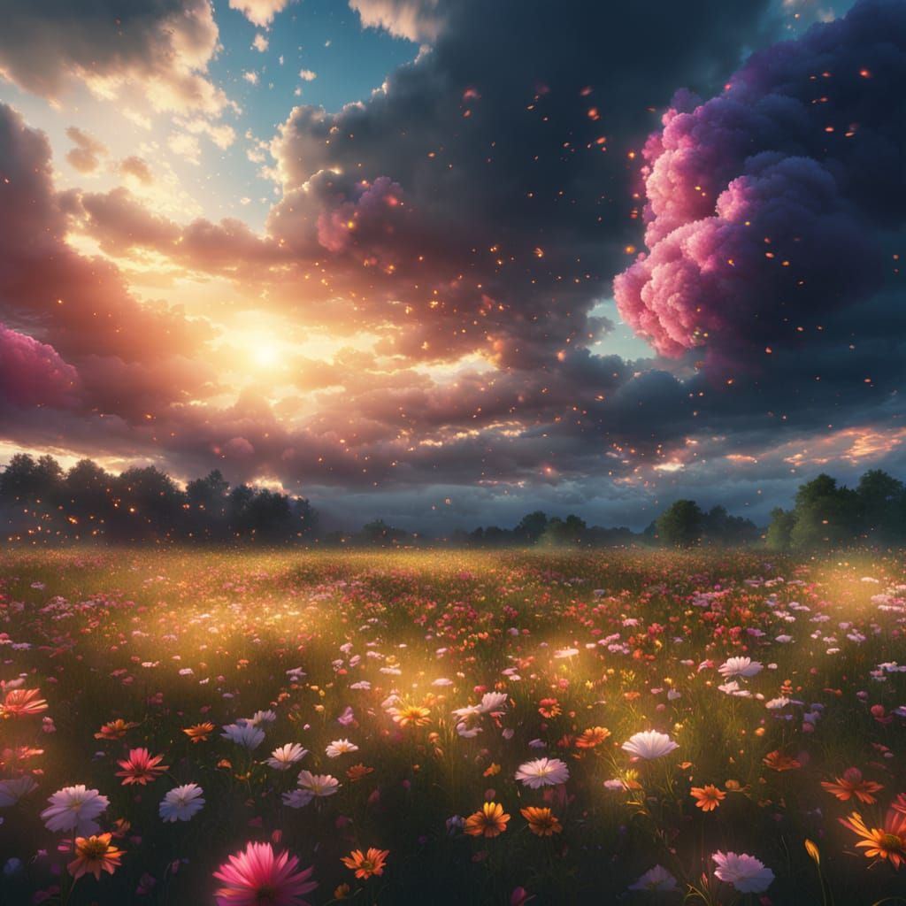 Meadow of Flowers Under a Gathering Storm