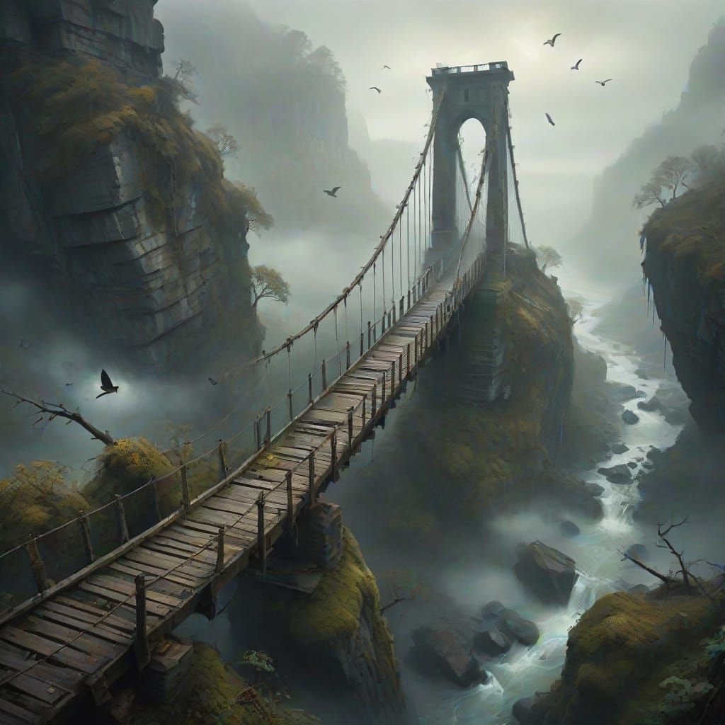 Abandoned Suspension Bridge Collapses into Misty Gorge