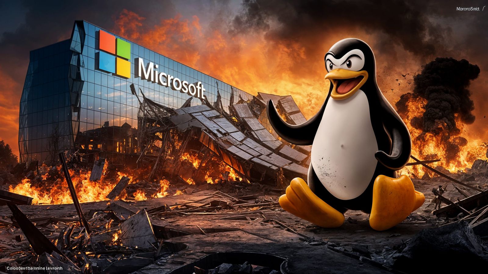 Tux Triumph: Linux Penguin Conquers Microsoft in Cyberpunk S...