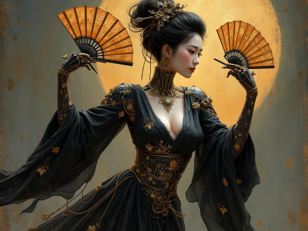 Steampunk Cyborg Geisha in Elegant Traditional Fan Dance Pos...