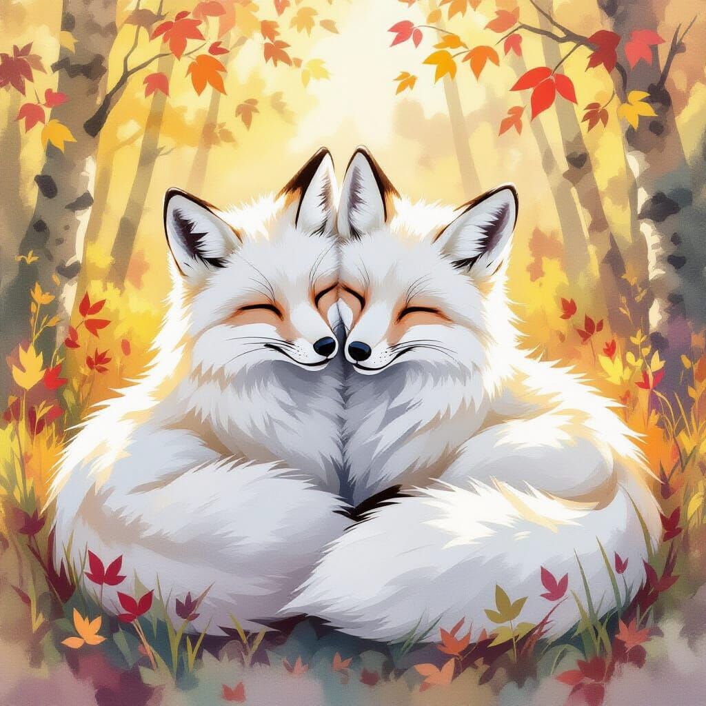 Two White Foxes Cuddle in Sunlit Forest Watercolor