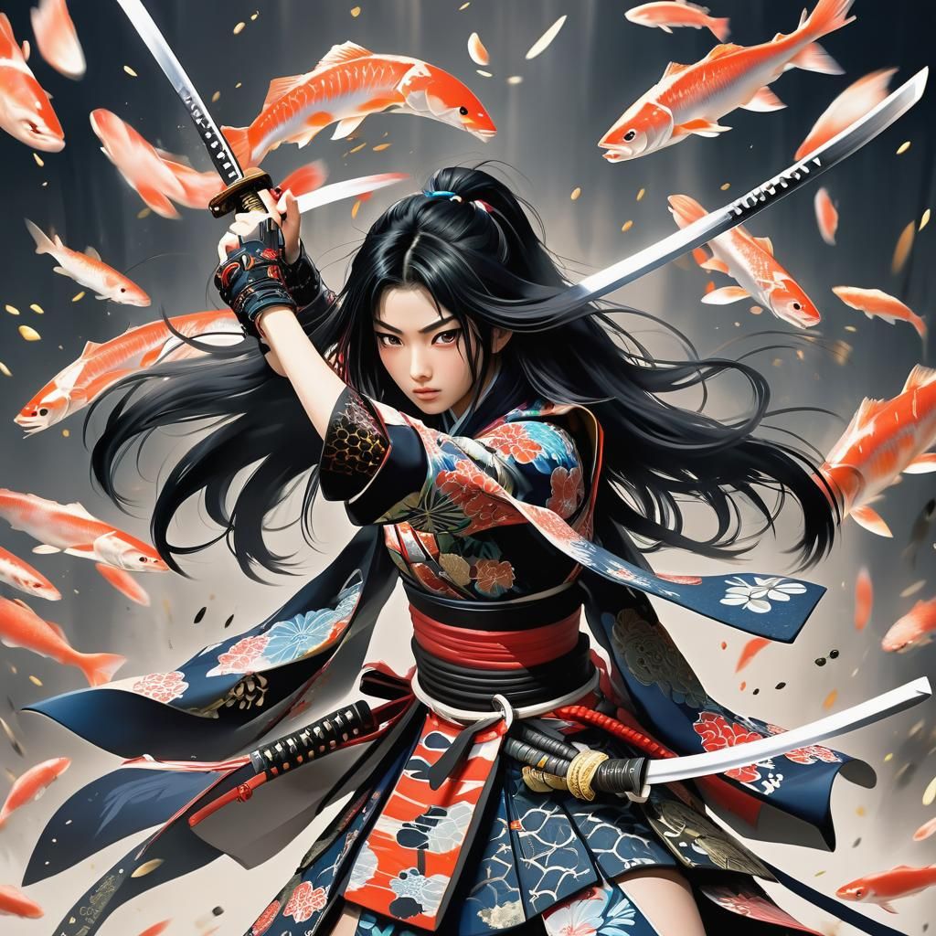 Anime Samurai Girl Slicing Salmon in Mid-Air