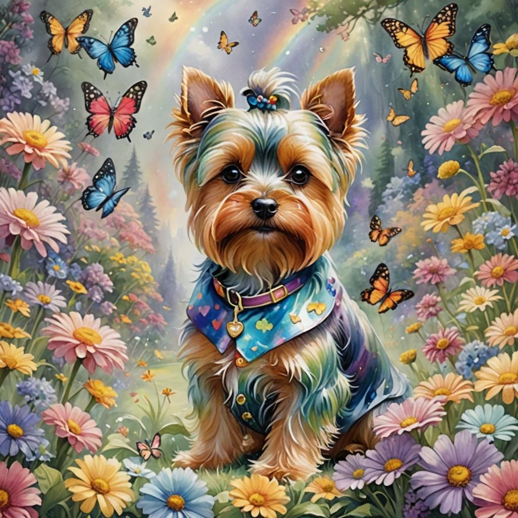 Rainbow Yorkie in Whimsical Watercolor World