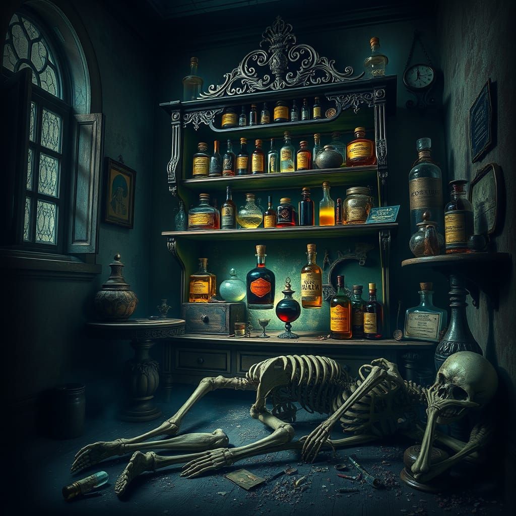 Antique Apothecary Shelf Illuminated by Glowing Potion Bottl...