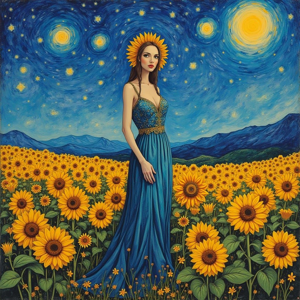 Enigmatic Woman in Starry Sunflower Watercolor Landscape