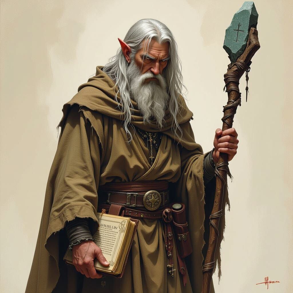 Melancholic Elf Wizard with Runestone Staff