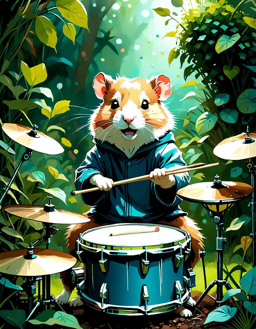 Hamster Drummer in Garden: Digital Art Illustration
