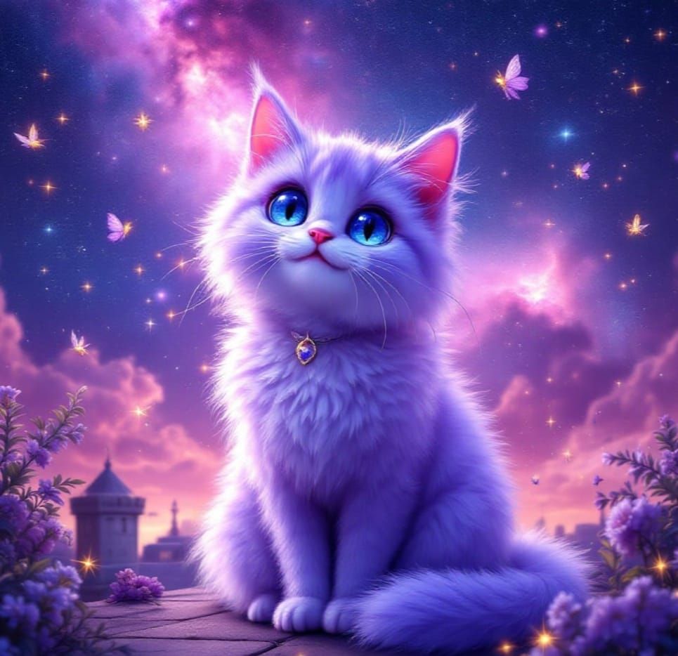 Violet Cat Seeks Cosmic Harmony Amidst Rosy Nebula