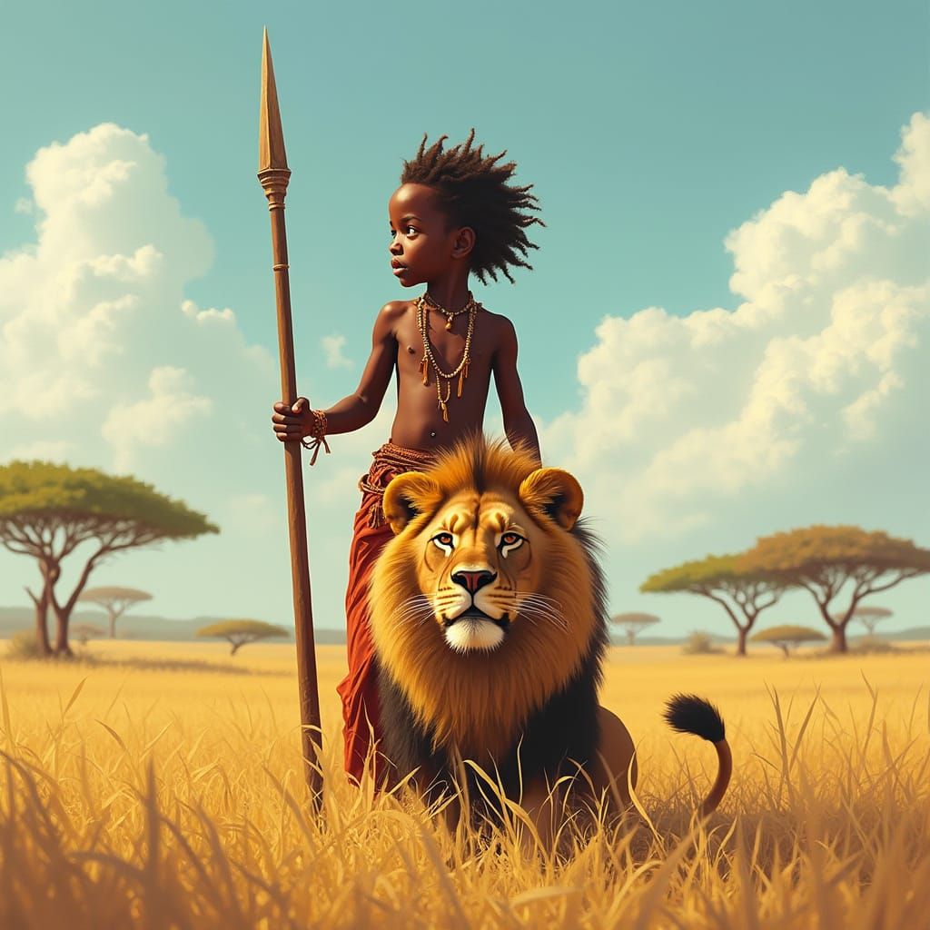 Victorious African Child Hunter in Sun-Drenched Savannah