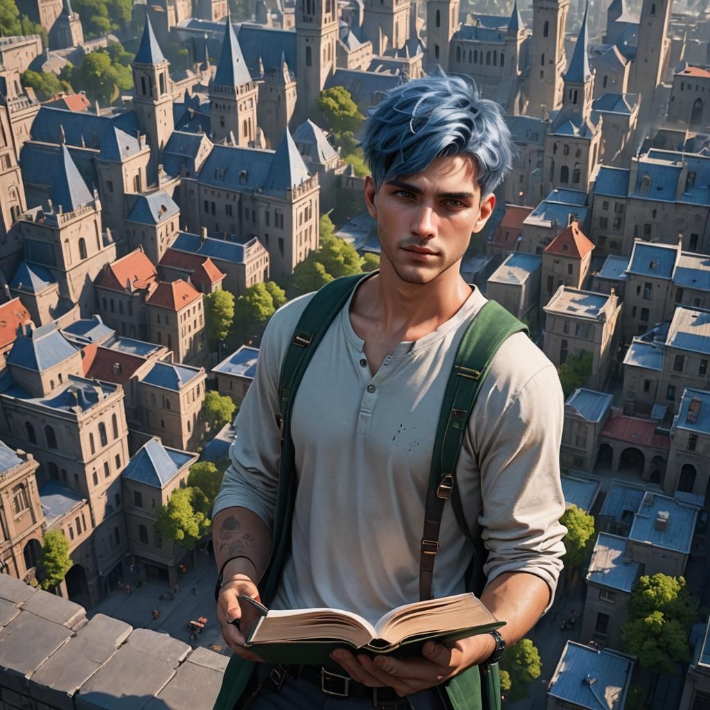 Fantasy City Scene with Blue-Haired Reader