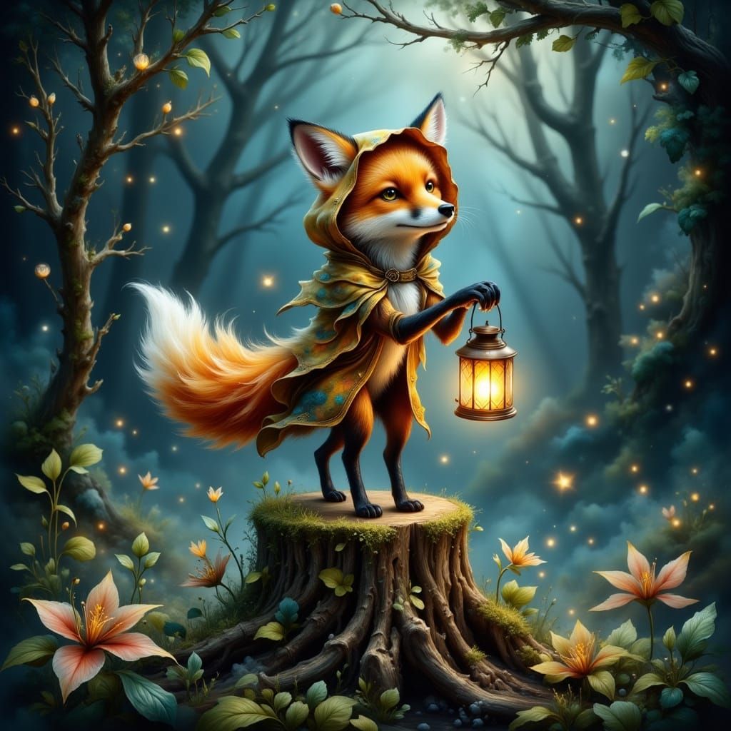 Enchanted Fox in Cloak with Glowing Lantern